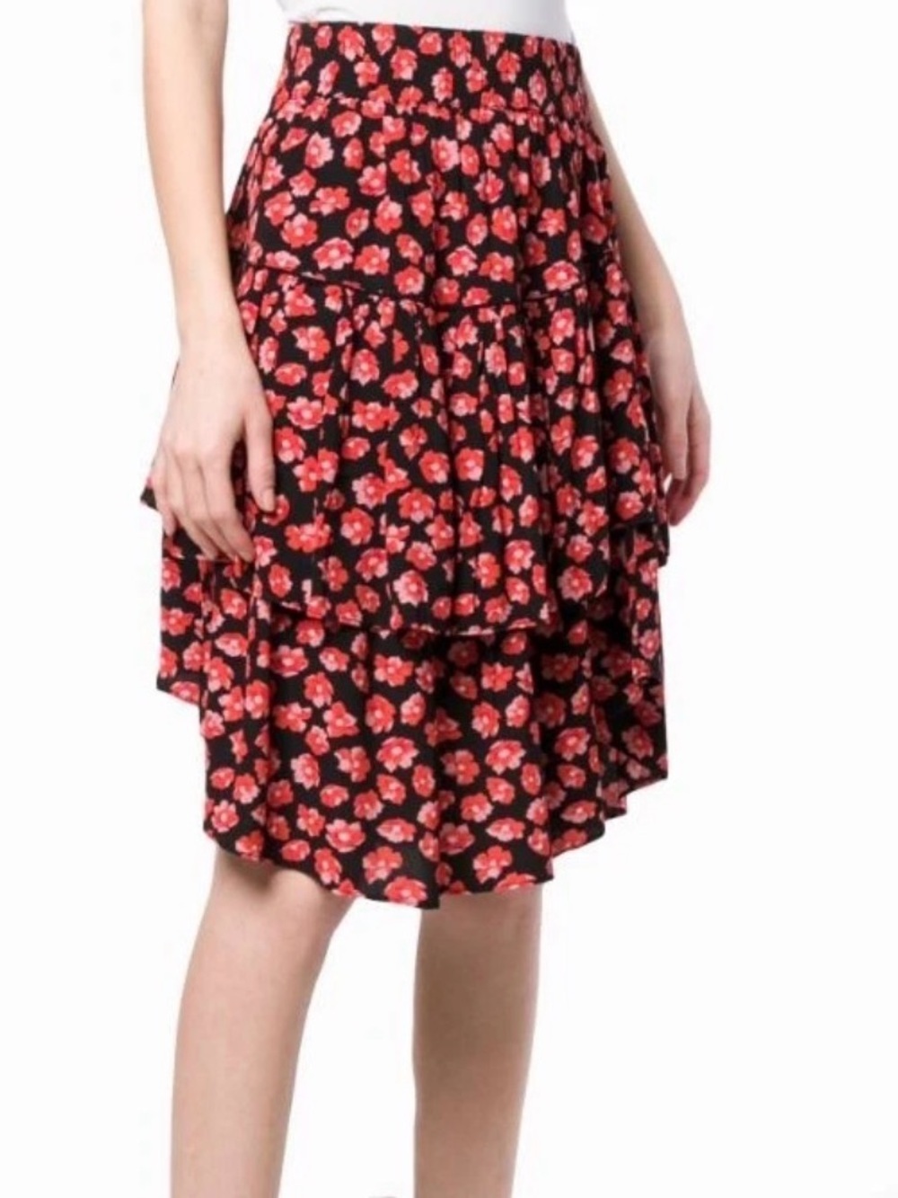 Ganni Black Tiered High-Low Skirt with Red Floral Print